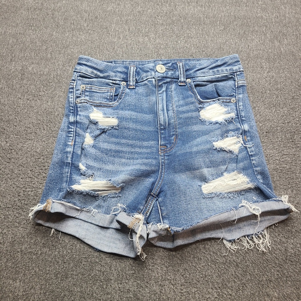 American Eagle Denim Shorts Women 6 Blue Excellent Distressed High‎ Rise Stretch